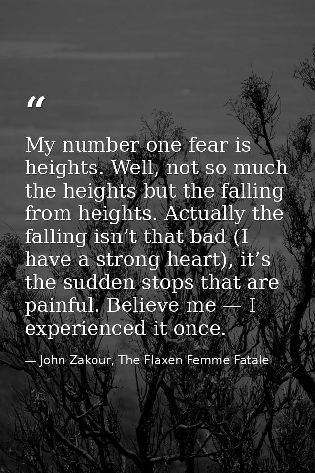 My number one fear is heights. Well, not so much the heights but the falling from heights. Actually the falling isn’t th — John Zakour, The Flaxen Femme Fatale