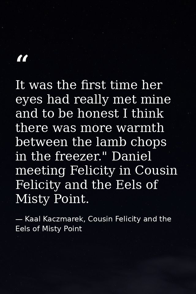 It was the first time her eyes had really met mine and to be honest I think there was more warmth between the lamb chops — Kaal Kaczmarek, Cousin Felicity and the Eels of Misty Point