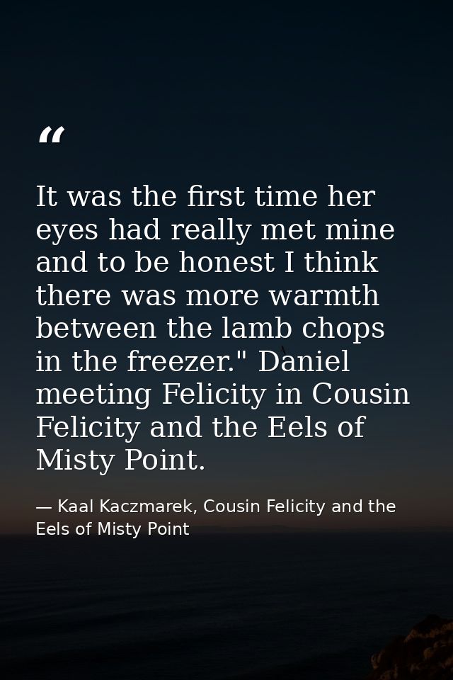 It was the first time her eyes had really met mine and to be honest I think there was more warmth between the lamb chops — Kaal Kaczmarek, Cousin Felicity and the Eels of Misty Point