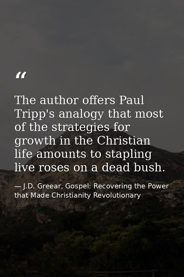 The author offers Paul Tripp's analogy that most of the strategies for growth in the Christian life amounts to stapling  — J.D. Greear, Gospel: Recovering the Power that Made Christianity Revolutionary