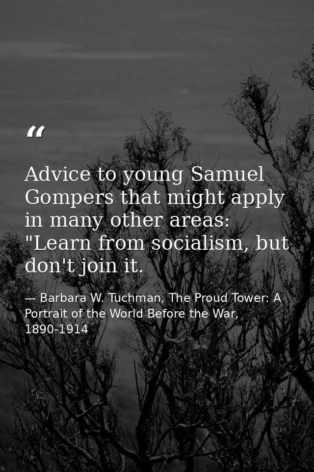 Advice to young Samuel Gompers that might apply in many other areas: "Learn from socialism, but don't join it. — Barbara W. Tuchman, The Proud Tower: A Portrait of the World Before the War, 1890-1914
