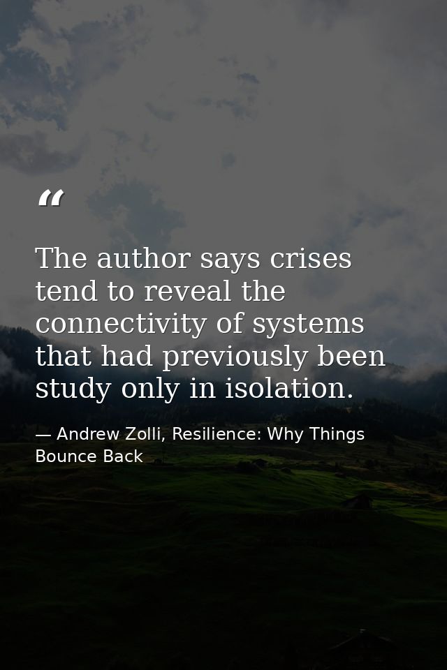 The author says crises tend to reveal the connectivity of systems that had previously been study only in isolation. — Andrew Zolli, Resilience: Why Things Bounce Back