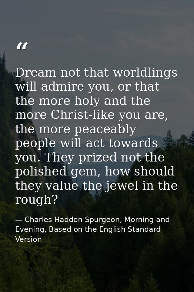 Dream not that worldlings will admire you, or that the more holy and the more Christ-like you are, the more peaceably pe — Charles Haddon Spurgeon, Morning and Evening, Based on the English Standard Version