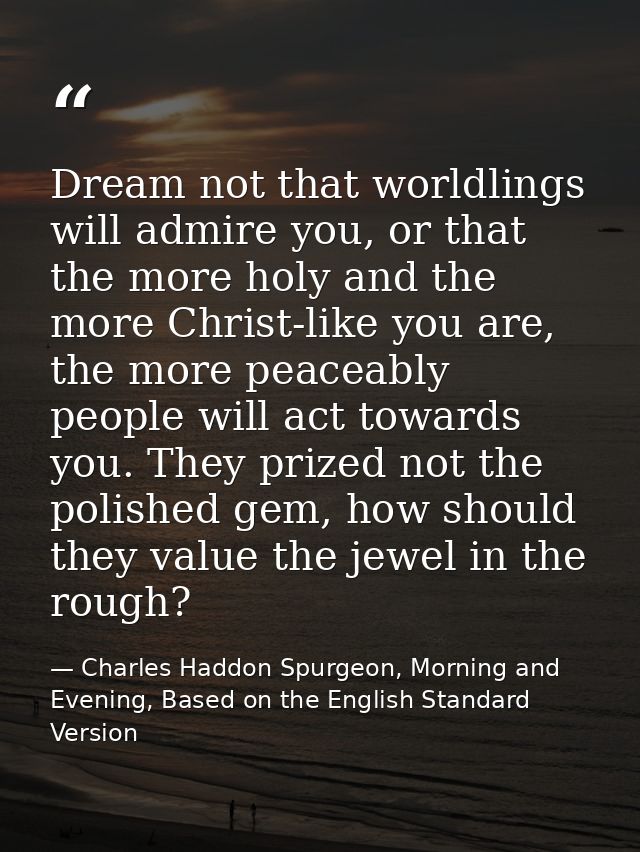 Dream not that worldlings will admire you, or that the more holy and the more Christ-like you are, the more peaceably pe — Charles Haddon Spurgeon, Morning and Evening, Based on the English Standard Version