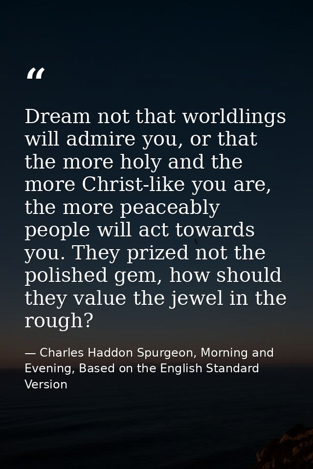 Dream not that worldlings will admire you, or that the more holy and the more Christ-like you are, the more peaceably pe — Charles Haddon Spurgeon, Morning and Evening, Based on the English Standard Version