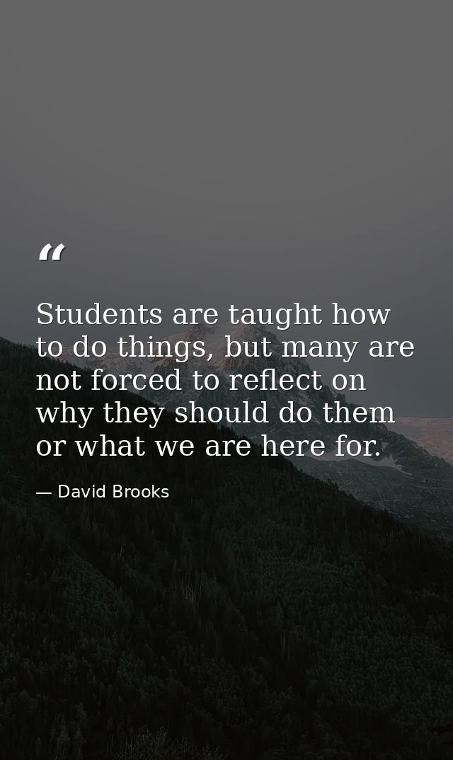 Students are taught how to do things, but many are not forced to reflect on why they should do them or what we are here  — David Brooks