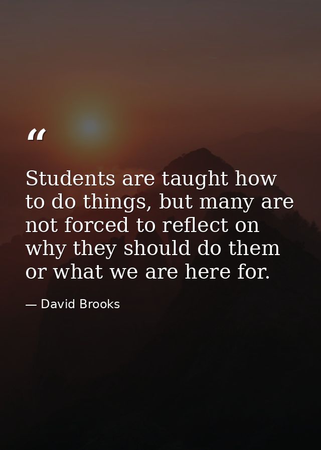 Students are taught how to do things, but many are not forced to reflect on why they should do them or what we are here  — David Brooks