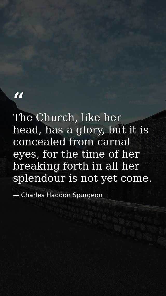 The Church, like her head, has a glory, but it is concealed from carnal eyes, for the time of her breaking forth in all  — Charles Haddon Spurgeon