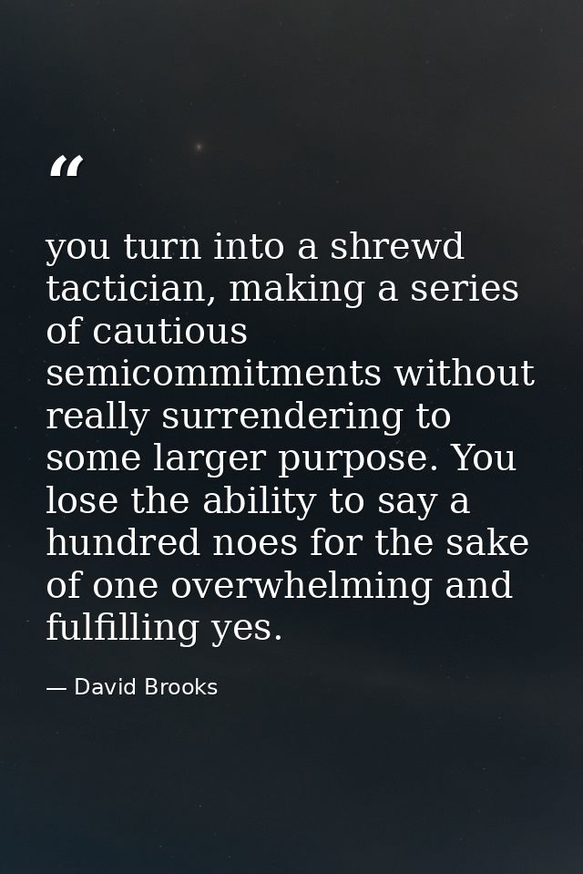 you turn into a shrewd tactician, making a series of cautious semicommitments without really surrendering to some larger — David Brooks