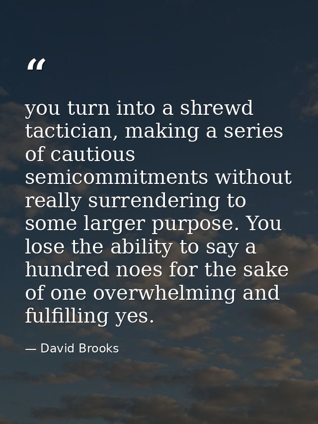 you turn into a shrewd tactician, making a series of cautious semicommitments without really surrendering to some larger — David Brooks