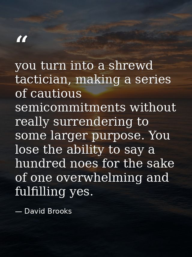 you turn into a shrewd tactician, making a series of cautious semicommitments without really surrendering to some larger — David Brooks