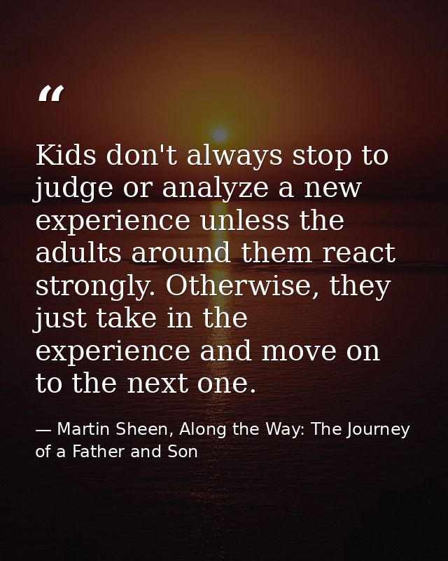 Kids don't always stop to judge or analyze a new experience unless the adults around them react strongly. Otherwise, the — Martin Sheen, Along the Way: The Journey of a Father and Son