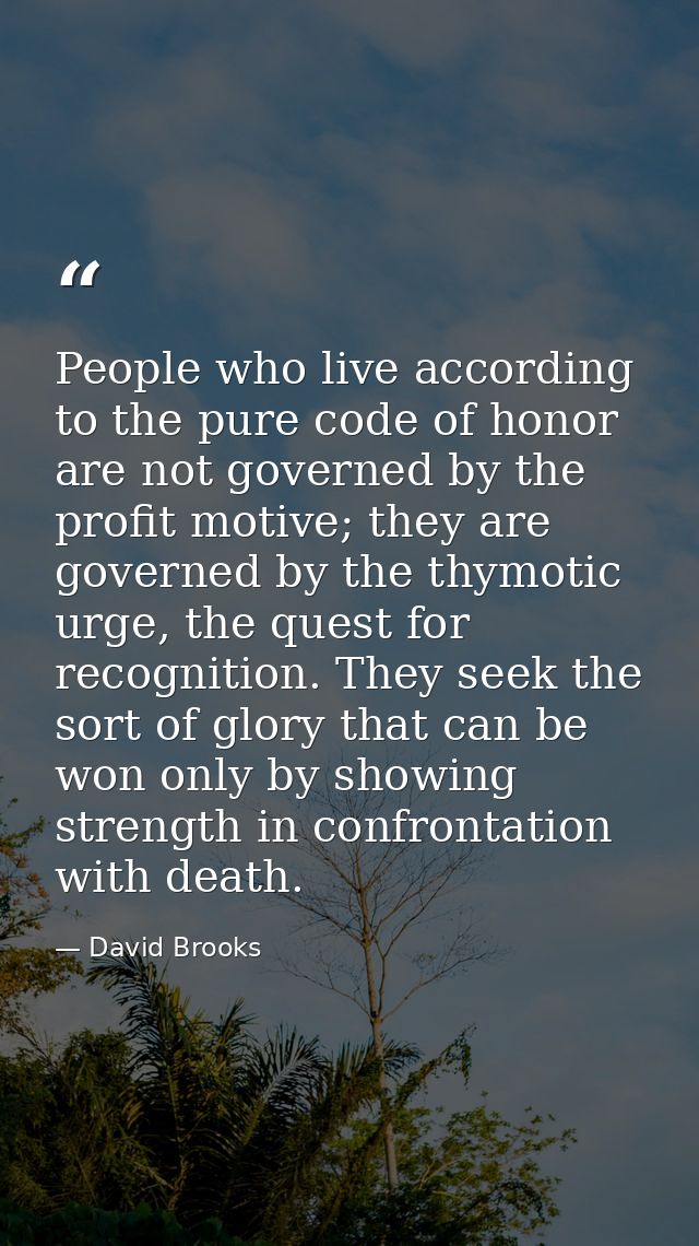People who live according to the pure code of honor are not governed by the profit motive; they are governed by the thym — David Brooks