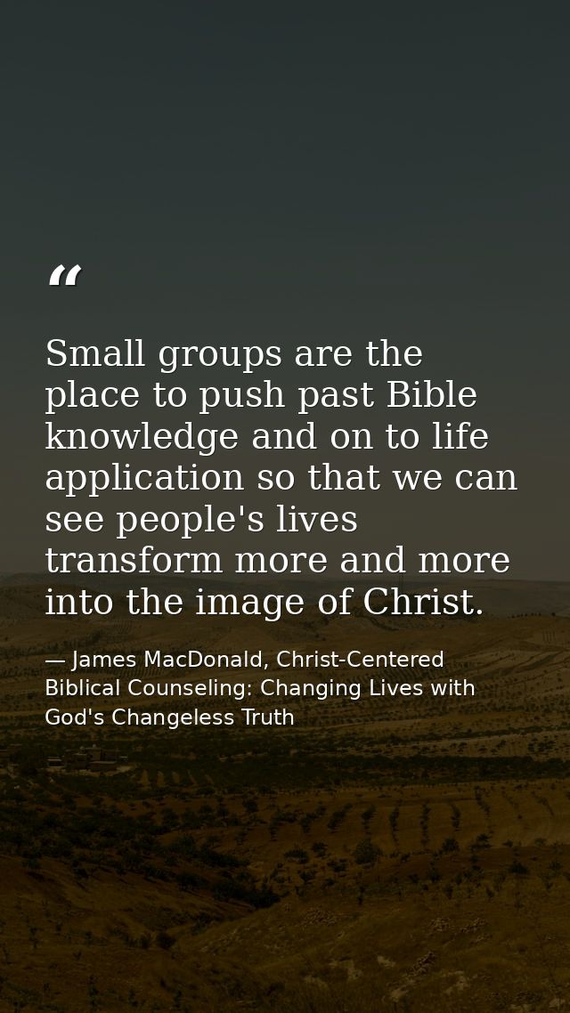 Small groups are the place to push past Bible knowledge and on to life application so that we can see people's lives tra — James MacDonald, Christ-Centered Biblical Counseling: Changing Lives with God's Changeless Truth