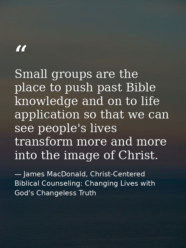 Small groups are the place to push past Bible knowledge and on to life application so that we can see people's lives tra — James MacDonald, Christ-Centered Biblical Counseling: Changing Lives with God's Changeless Truth