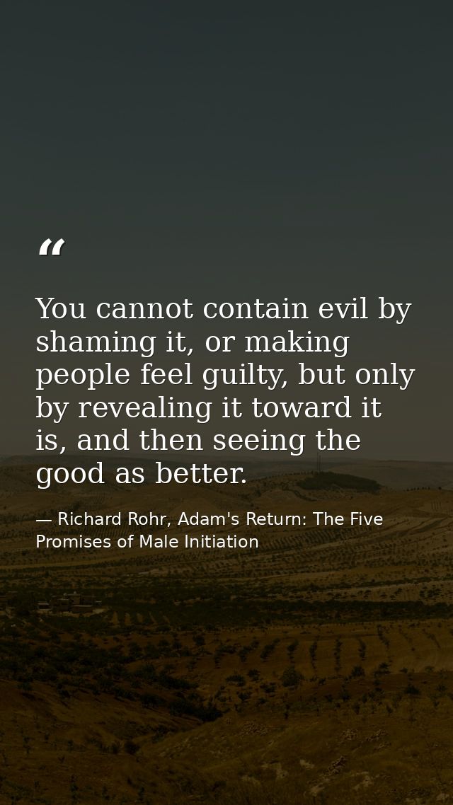 You cannot contain evil by shaming it, or making people feel guilty, but only by revealing it toward it is, and then see — Richard Rohr, Adam's Return: The Five Promises of Male Initiation