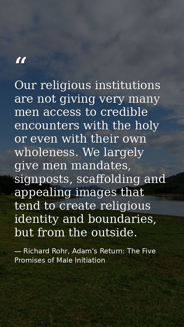 Our religious institutions are not giving very many men access to credible encounters with the holy or even with their o — Richard Rohr, Adam's Return: The Five Promises of Male Initiation