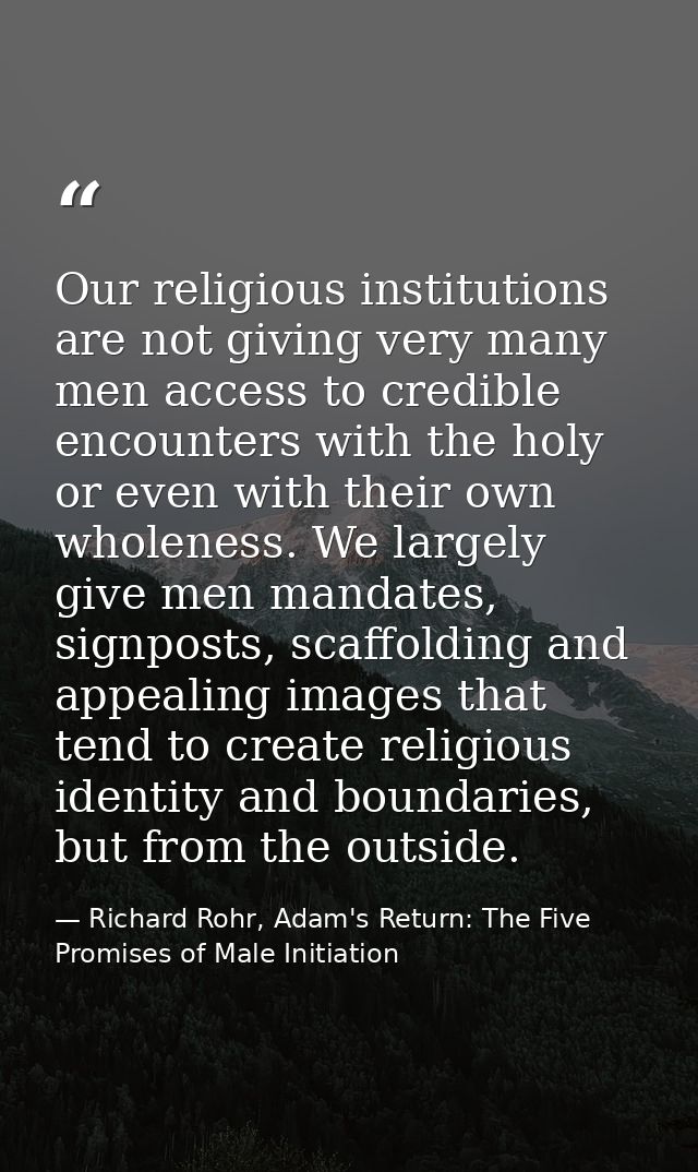 Our religious institutions are not giving very many men access to credible encounters with the holy or even with their o — Richard Rohr, Adam's Return: The Five Promises of Male Initiation