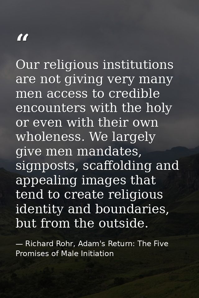 Our religious institutions are not giving very many men access to credible encounters with the holy or even with their o — Richard Rohr, Adam's Return: The Five Promises of Male Initiation