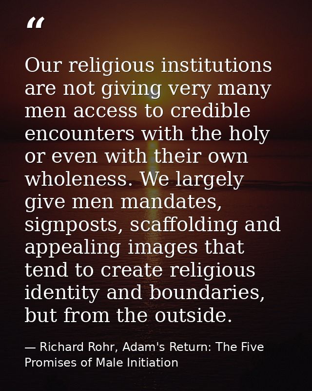 Our religious institutions are not giving very many men access to credible encounters with the holy or even with their o — Richard Rohr, Adam's Return: The Five Promises of Male Initiation
