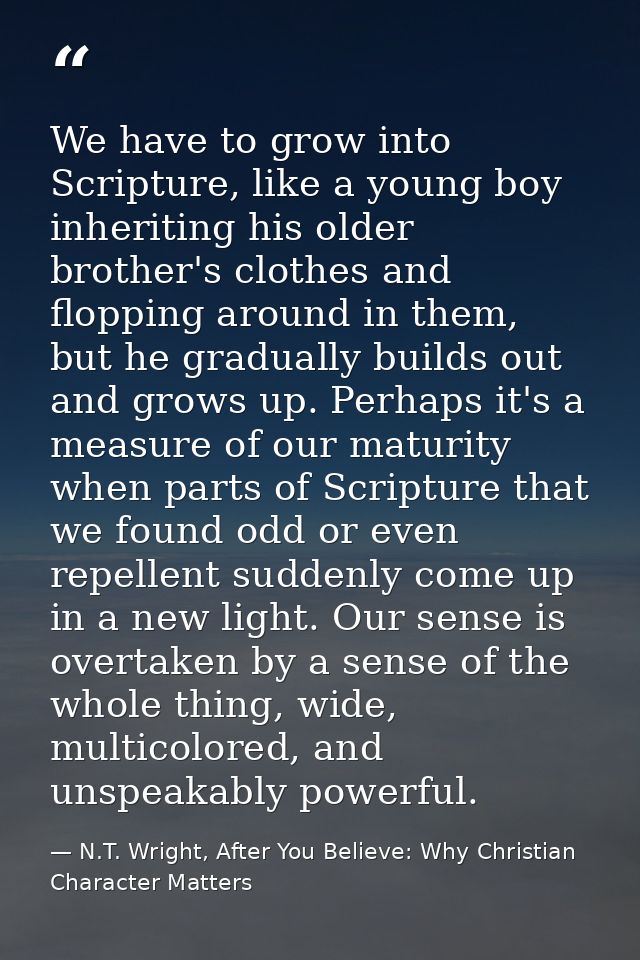 We have to grow into Scripture, like a young boy inheriting his older brother's clothes and flopping around in them, but — N.T. Wright, After You Believe: Why Christian Character Matters