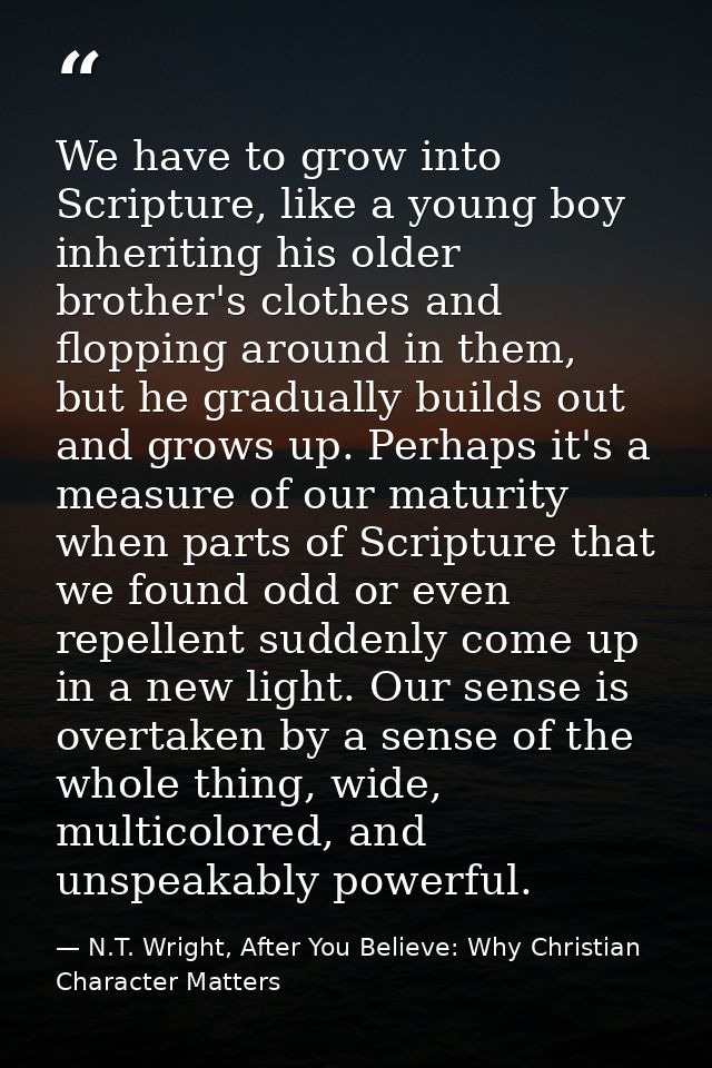 We have to grow into Scripture, like a young boy inheriting his older brother's clothes and flopping around in them, but — N.T. Wright, After You Believe: Why Christian Character Matters