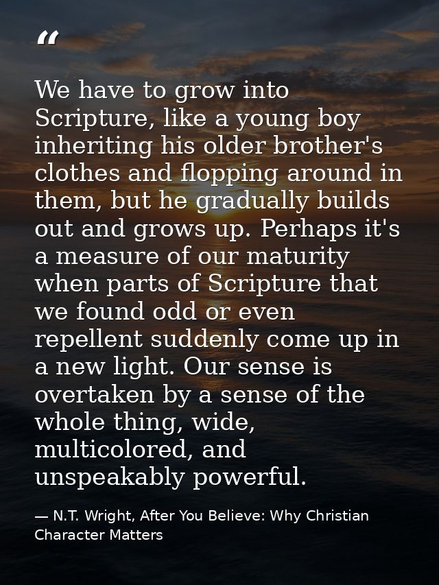 We have to grow into Scripture, like a young boy inheriting his older brother's clothes and flopping around in them, but — N.T. Wright, After You Believe: Why Christian Character Matters