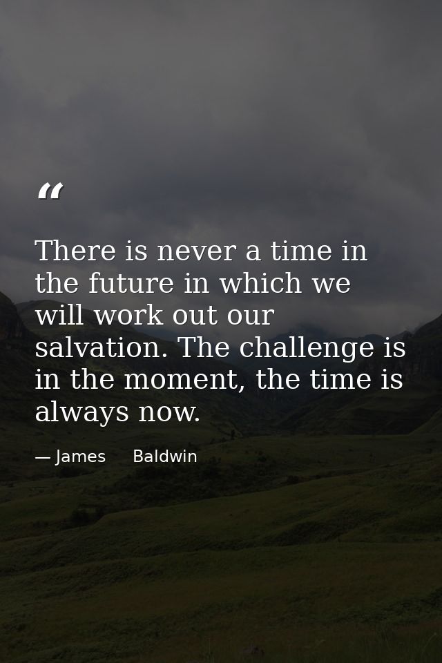 There is never a time in the future in which we will work out our salvation. The challenge is in the moment, the time is — James     Baldwin