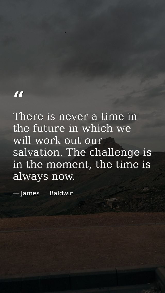 There is never a time in the future in which we will work out our salvation. The challenge is in the moment, the time is — James     Baldwin