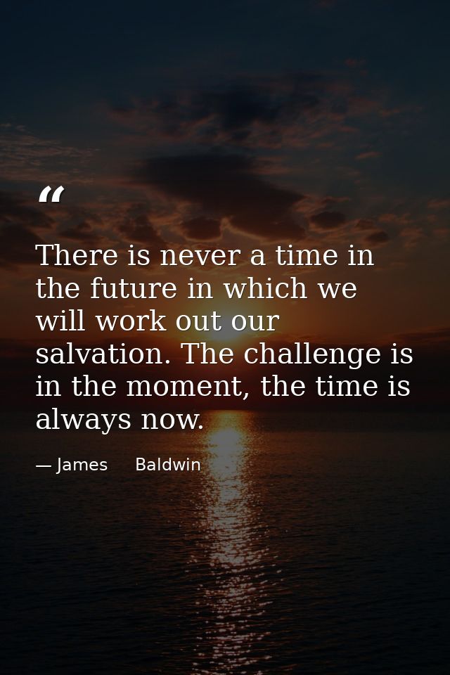 There is never a time in the future in which we will work out our salvation. The challenge is in the moment, the time is — James     Baldwin