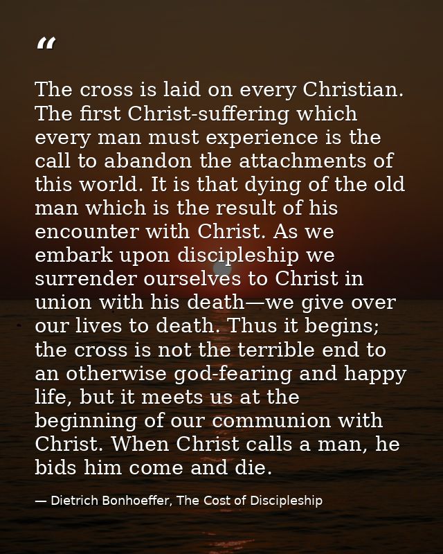 The cross is laid on every Christian. The first Christ-suffering which every man must experience is the call to abandon  — Dietrich Bonhoeffer, The Cost of Discipleship