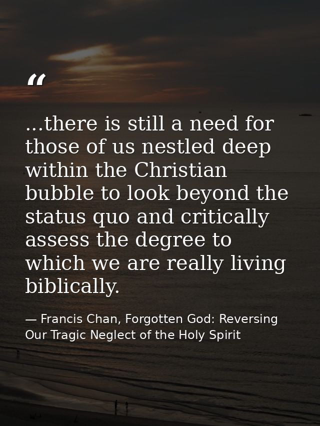...there is still a need for those of us nestled deep within the Christian bubble to look beyond the status quo and crit — Francis Chan, Forgotten God: Reversing Our Tragic Neglect of the Holy Spirit
