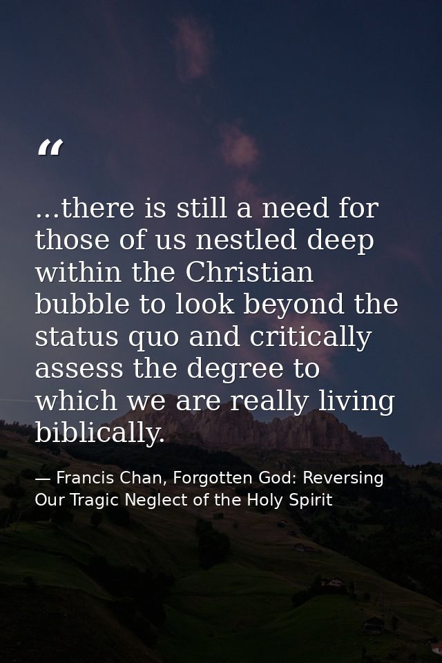 ...there is still a need for those of us nestled deep within the Christian bubble to look beyond the status quo and crit — Francis Chan, Forgotten God: Reversing Our Tragic Neglect of the Holy Spirit