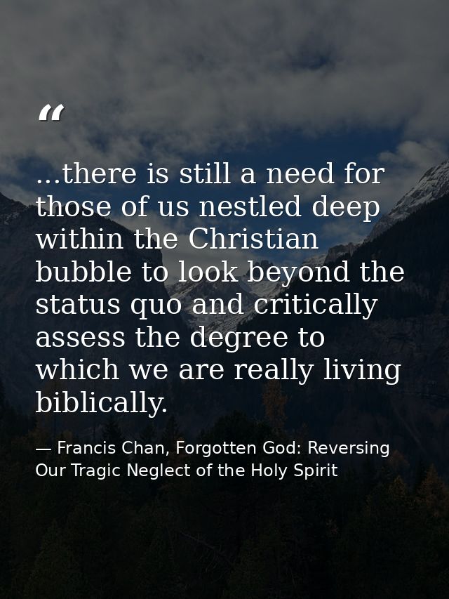 ...there is still a need for those of us nestled deep within the Christian bubble to look beyond the status quo and crit — Francis Chan, Forgotten God: Reversing Our Tragic Neglect of the Holy Spirit
