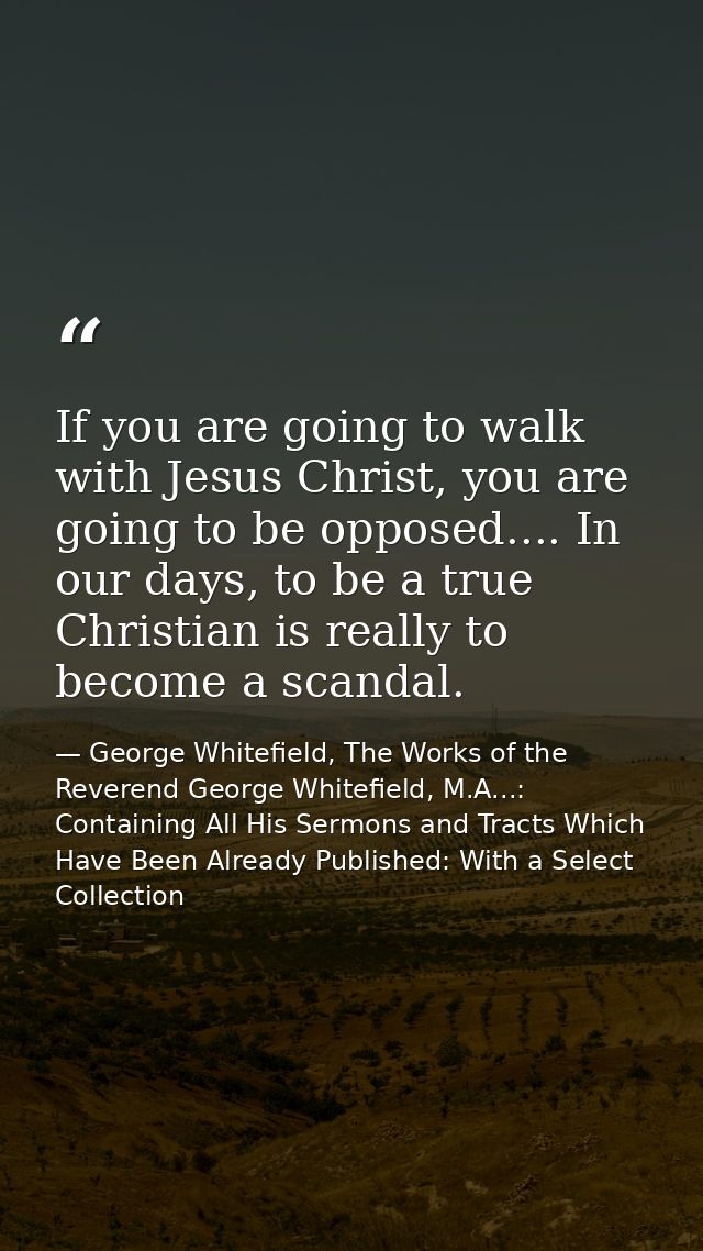 If you are going to walk with Jesus Christ, you are going to be opposed.... In our days, to be a true Christian is reall — George Whitefield, The Works of the Reverend George Whitefield, M.A...: Containing All His Sermons and Tracts Which Have Been Already Published: With a Select Collection