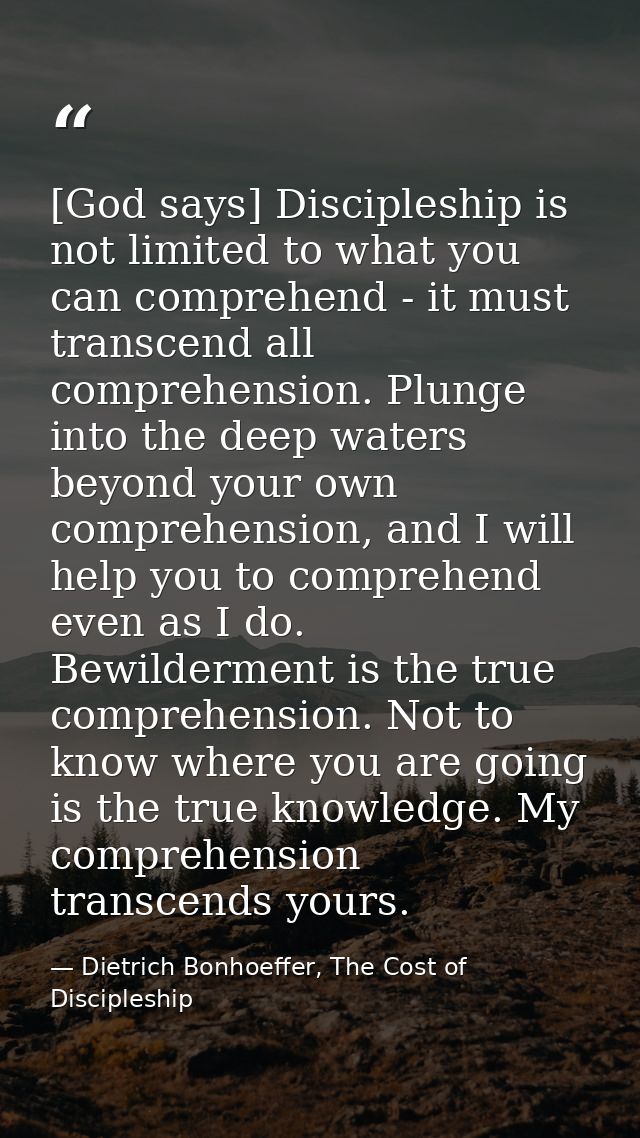 [God says] Discipleship is not limited to what you can comprehend - it must transcend all comprehension. Plunge into the — Dietrich Bonhoeffer, The Cost of Discipleship