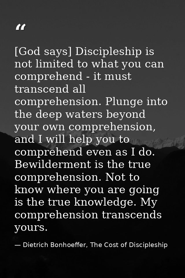 [God says] Discipleship is not limited to what you can comprehend - it must transcend all comprehension. Plunge into the — Dietrich Bonhoeffer, The Cost of Discipleship