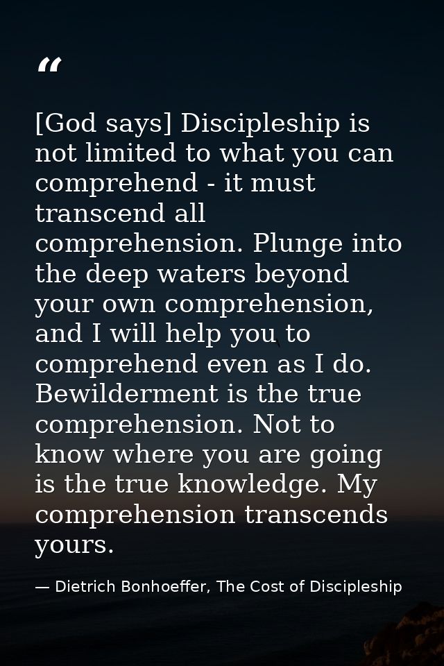 [God says] Discipleship is not limited to what you can comprehend - it must transcend all comprehension. Plunge into the — Dietrich Bonhoeffer, The Cost of Discipleship
