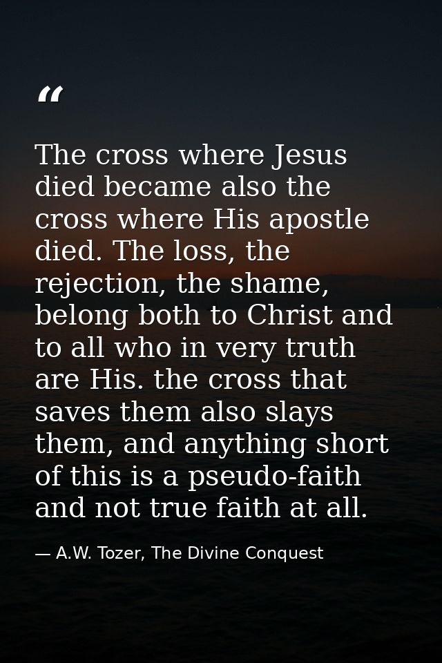 The cross where Jesus died became also the cross where His apostle died. The loss, the rejection, the shame, belong both — A.W. Tozer, The Divine Conquest