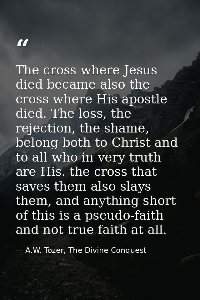 The cross where Jesus died became also the cross where His apostle died. The loss, the rejection, the shame, belong both — A.W. Tozer, The Divine Conquest