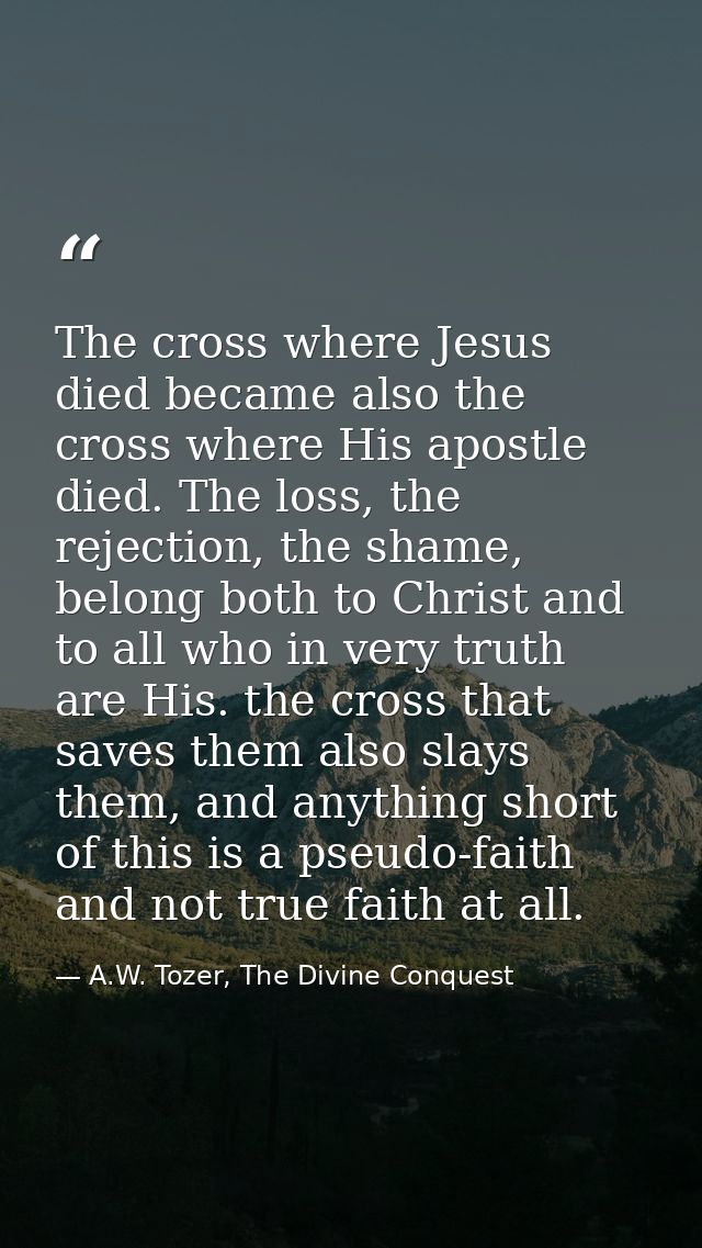 The cross where Jesus died became also the cross where His apostle died. The loss, the rejection, the shame, belong both — A.W. Tozer, The Divine Conquest