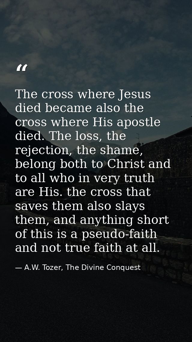 The cross where Jesus died became also the cross where His apostle died. The loss, the rejection, the shame, belong both — A.W. Tozer, The Divine Conquest