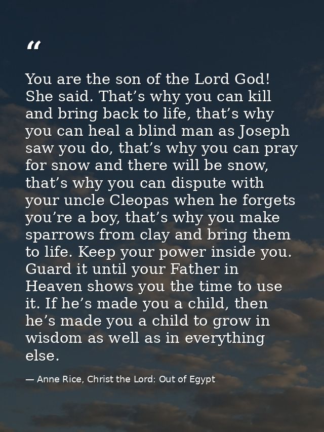 You are the son of the Lord God! She said. That’s why you can kill and bring back to life, that’s why you can heal a bli — Anne Rice, Christ the Lord: Out of Egypt