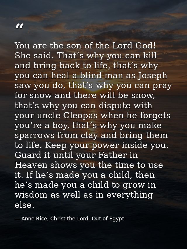 You are the son of the Lord God! She said. That’s why you can kill and bring back to life, that’s why you can heal a bli — Anne Rice, Christ the Lord: Out of Egypt