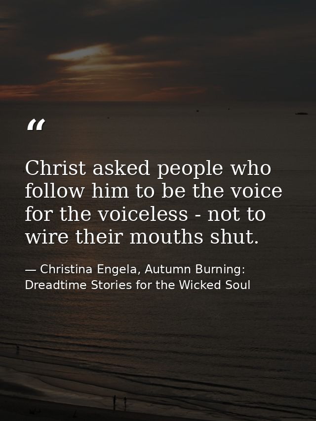Christ asked people who follow him to be the voice for the voiceless - not to wire their mouths shut. — Christina Engela, Autumn Burning: Dreadtime Stories for the Wicked Soul
