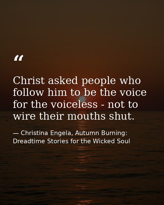 Christ asked people who follow him to be the voice for the voiceless - not to wire their mouths shut. — Christina Engela, Autumn Burning: Dreadtime Stories for the Wicked Soul