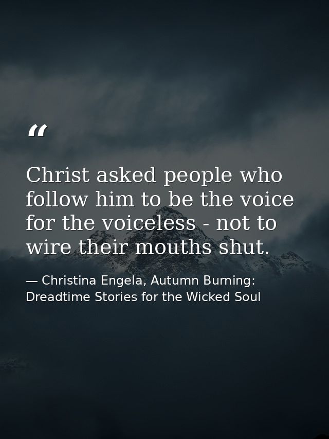 Christ asked people who follow him to be the voice for the voiceless - not to wire their mouths shut. — Christina Engela, Autumn Burning: Dreadtime Stories for the Wicked Soul