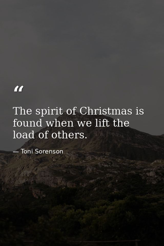 The spirit of Christmas is found when we lift the load of others. — Toni Sorenson