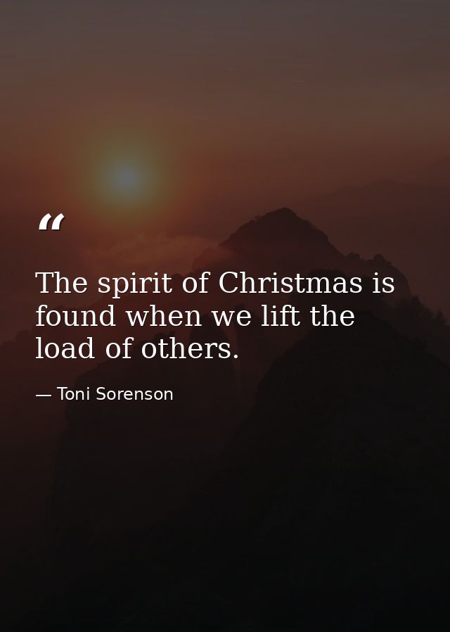 The spirit of Christmas is found when we lift the load of others. — Toni Sorenson