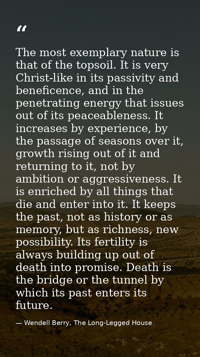 The most exemplary nature is that of the topsoil. It is very Christ-like in its passivity and beneficence, and in the pe — Wendell Berry, The Long-Legged House